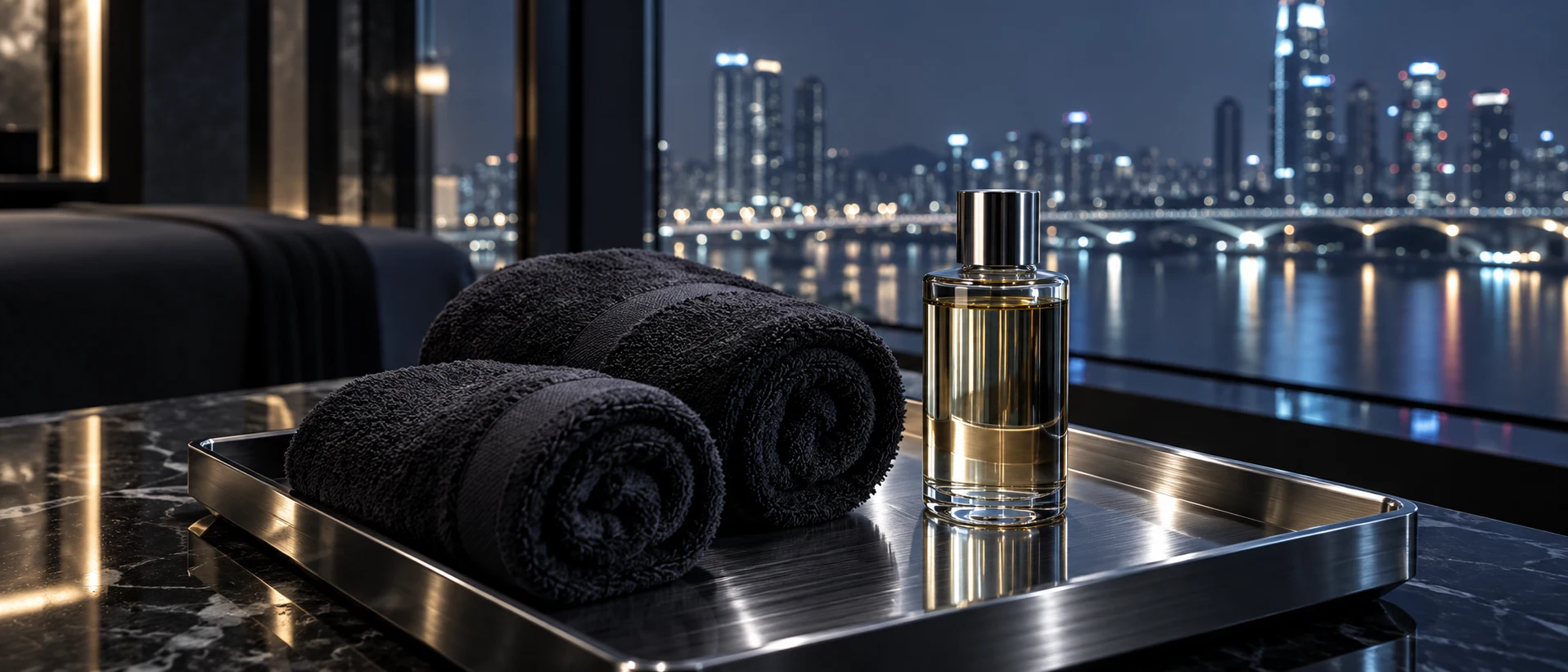 Massage oils and folded towels beside a hotel window
