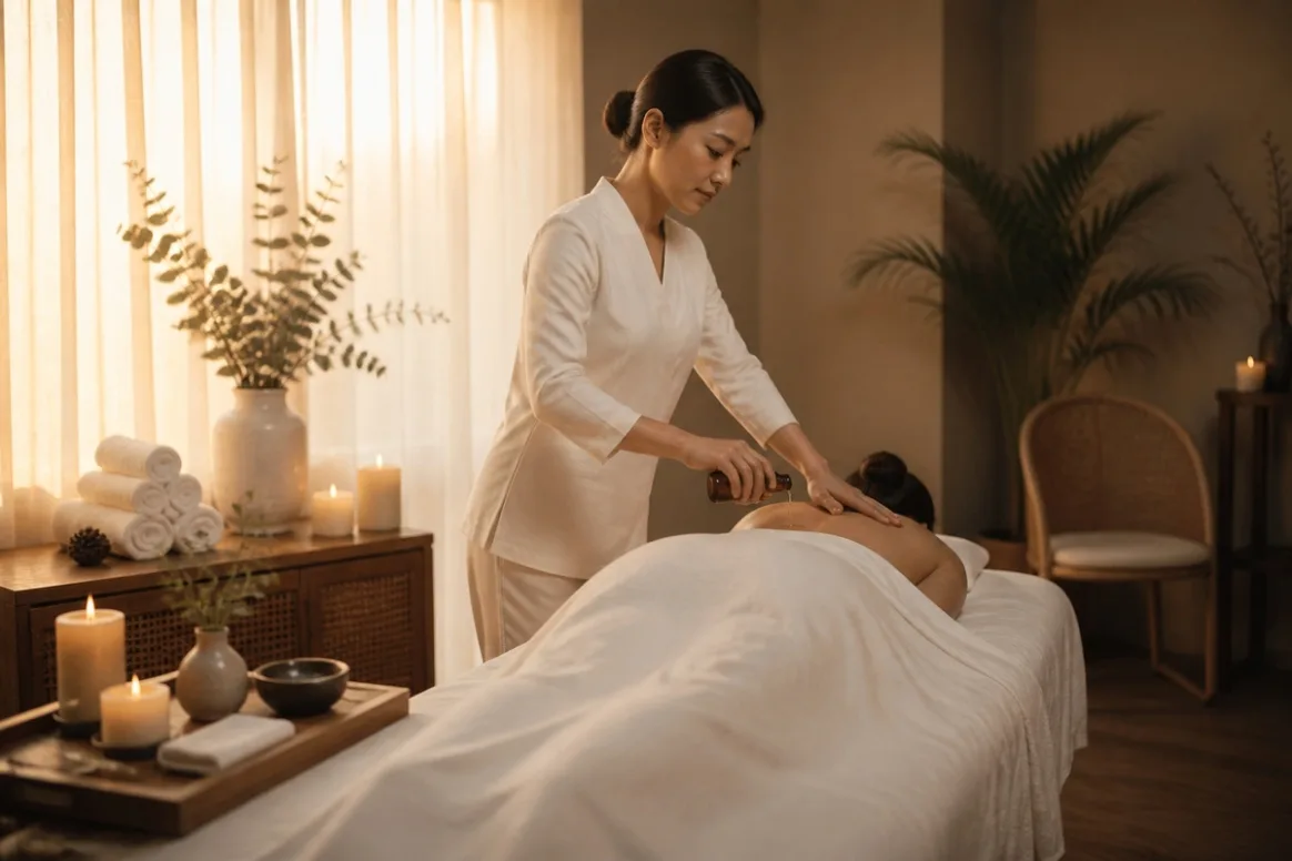 Therapist in a white uniform massaging a guest on a covered bed