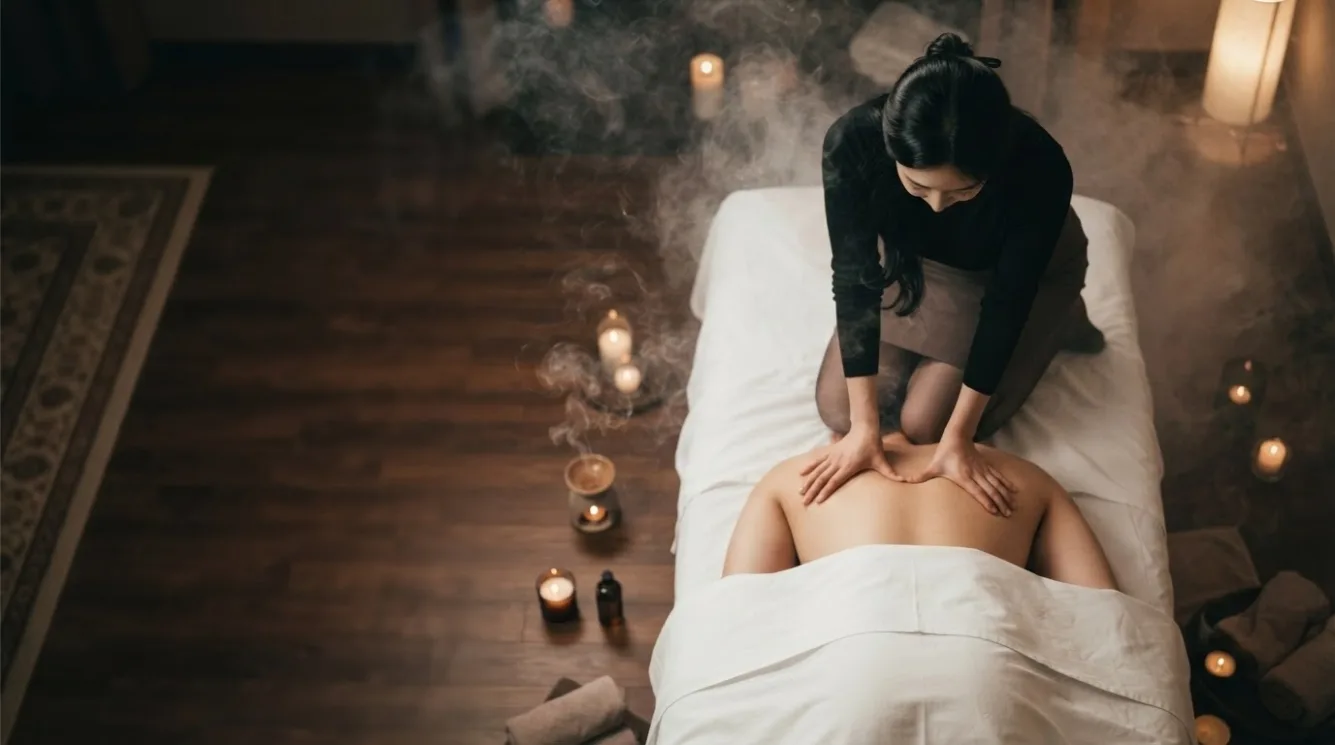 Overhead view of a therapist massaging a guest’s back