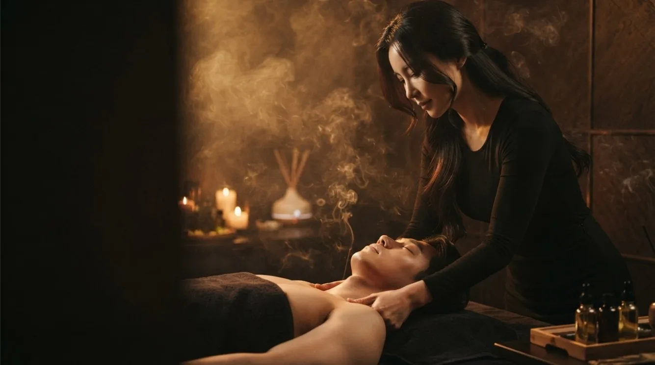 Therapist working on a guest’s back in a softly lit massage room