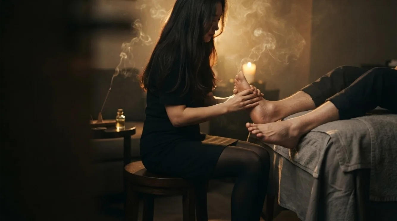 Therapist massaging a guest’s foot and lower leg