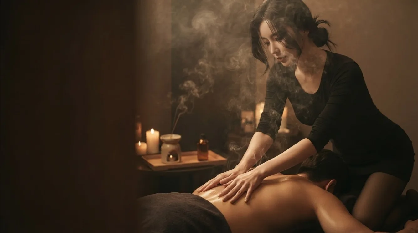 Therapist working on a guest’s back in a softly lit massage room