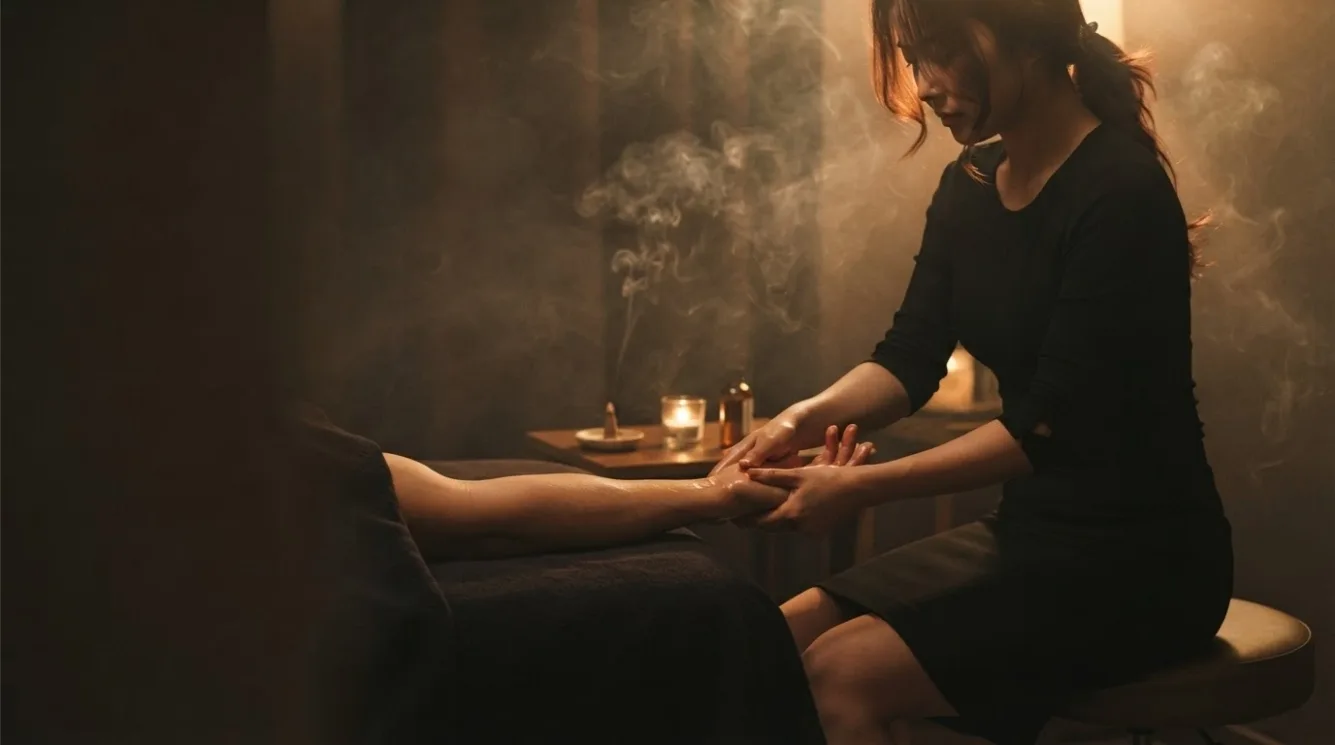 Close view of a therapist massaging a guest’s hand and arm