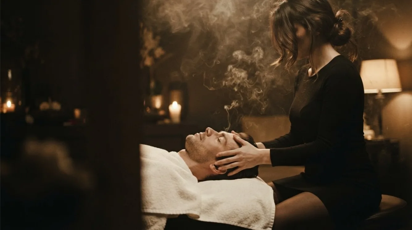 Therapist massaging a guest’s scalp on a pillow