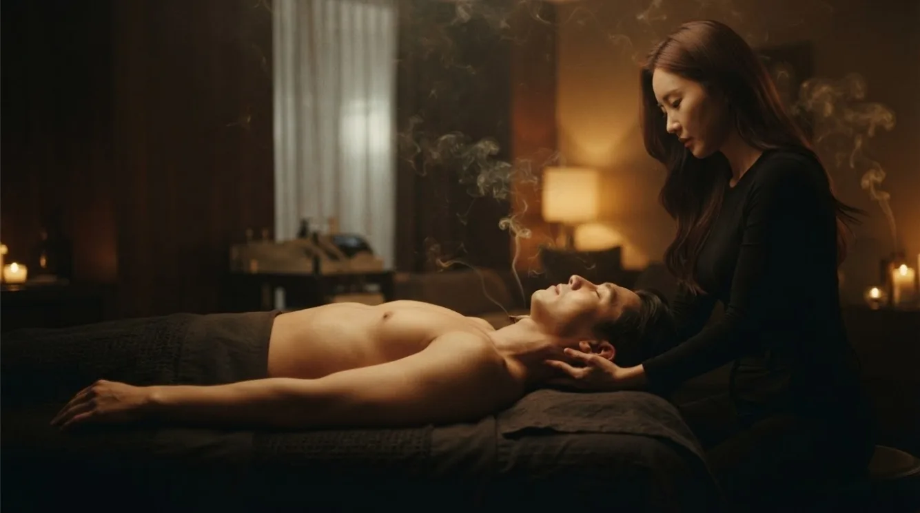 Therapist massaging a guest’s shoulders beside a hotel bed