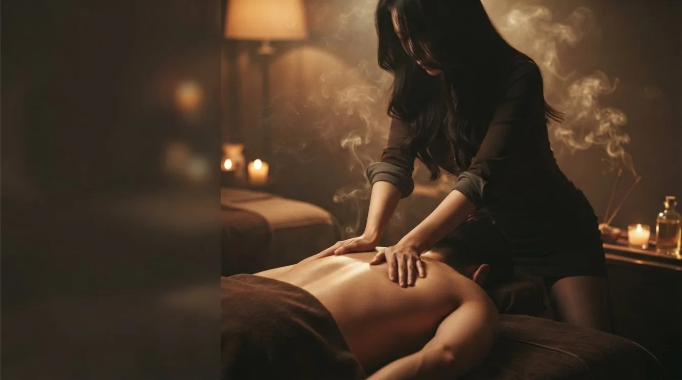 Therapist working on a guest’s back in a softly lit massage room