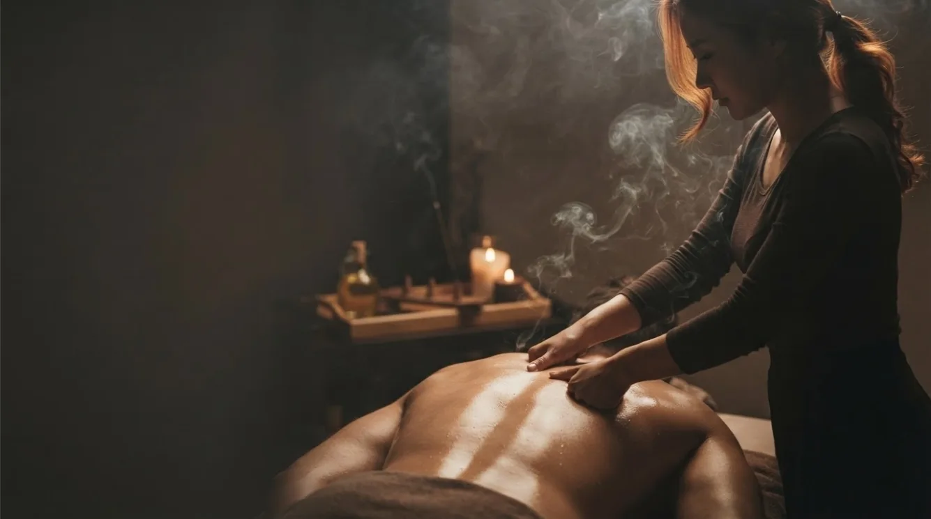 Therapist working on a guest’s back in a softly lit massage room