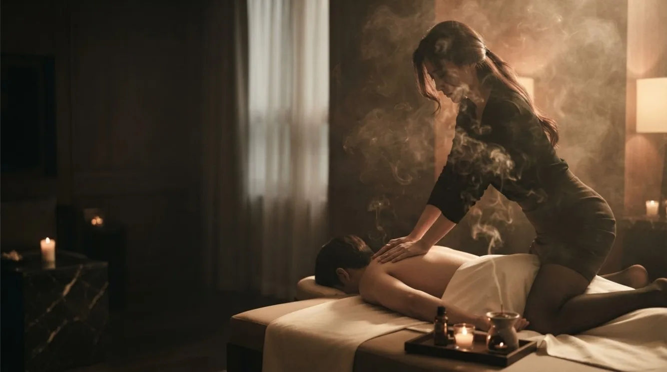 Therapist beside a guest during a private room massage