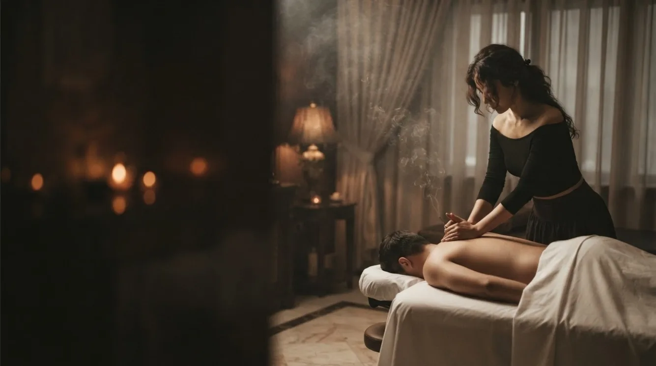 Therapist beside a guest during a private room massage