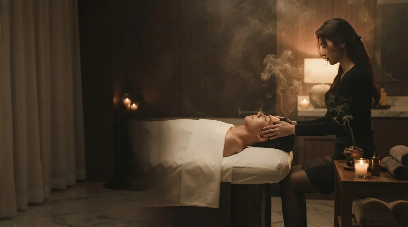 Therapist beside a guest during a private room massage