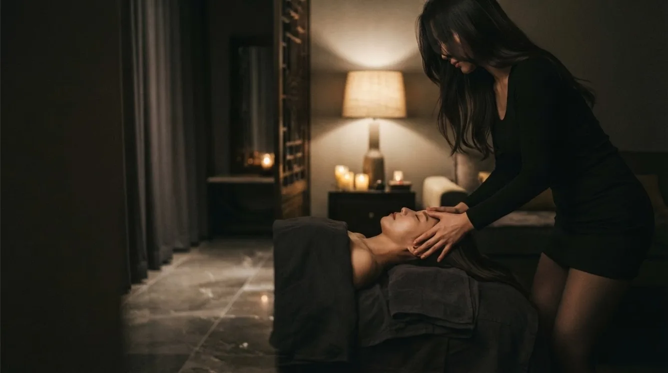 Therapist beside a guest during a private room massage
