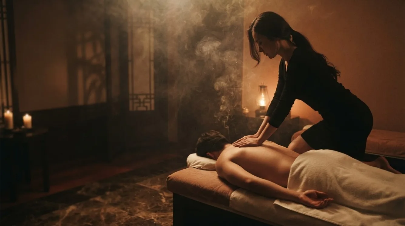 Therapist beside a guest during a private room massage