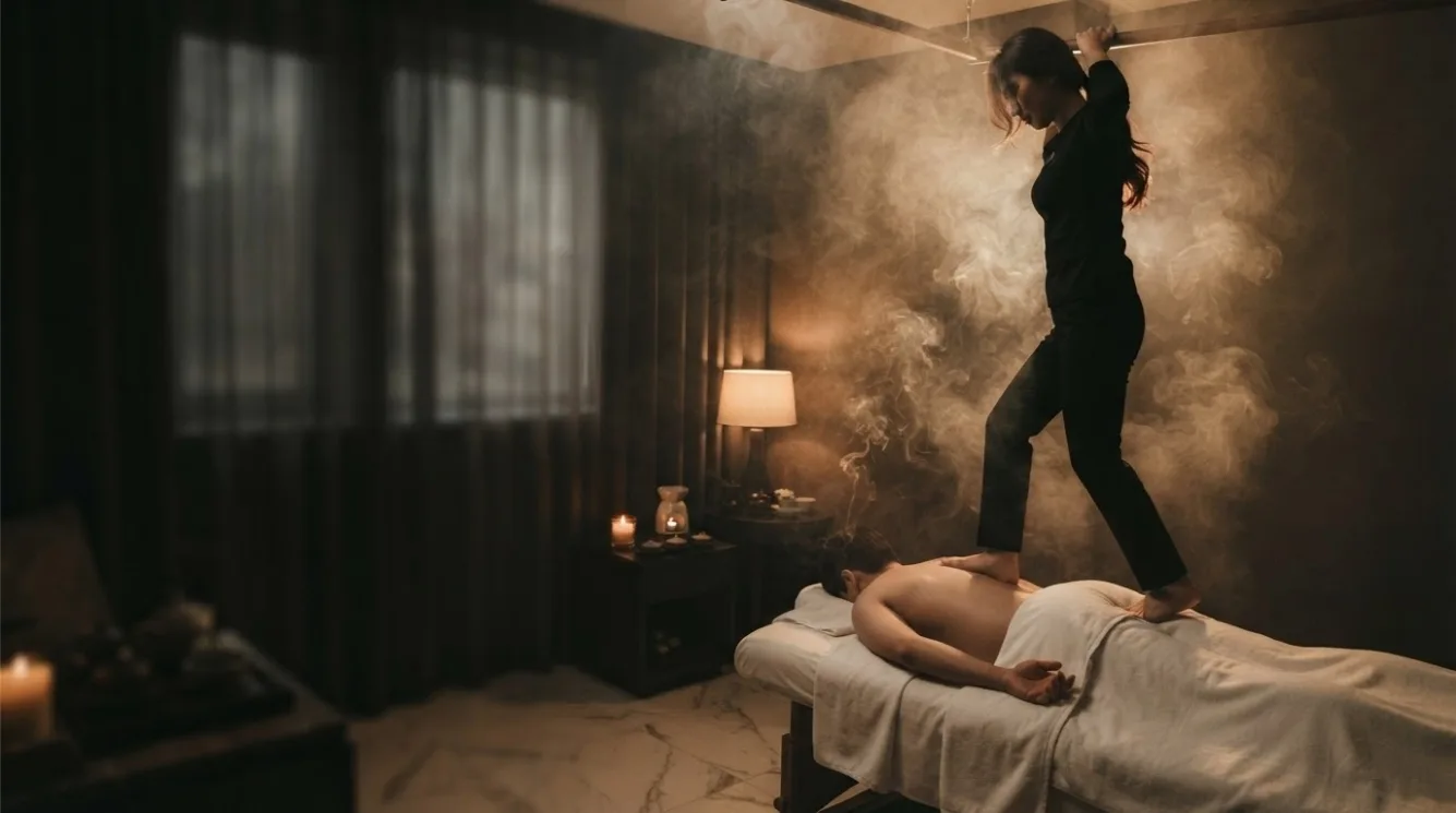Therapist preparing for a visit beside a massage bed