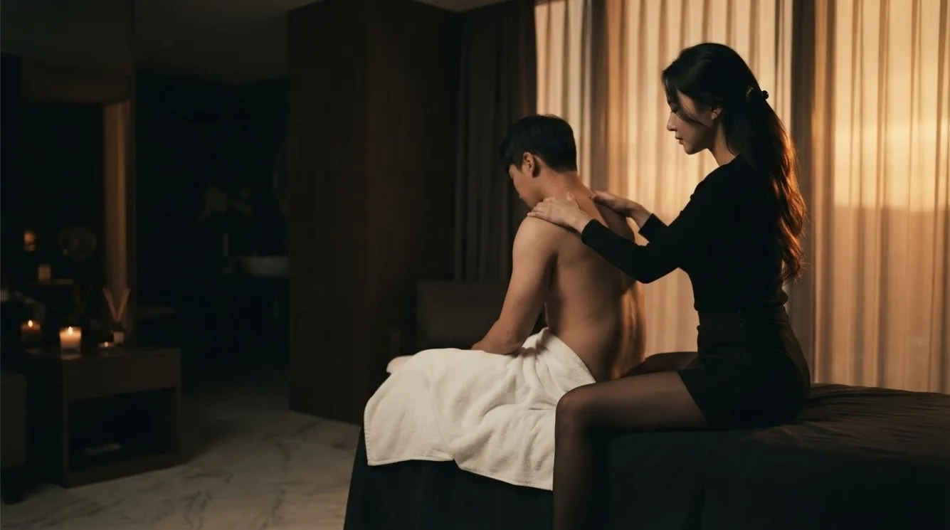 Therapist attending to a seated guest’s shoulders