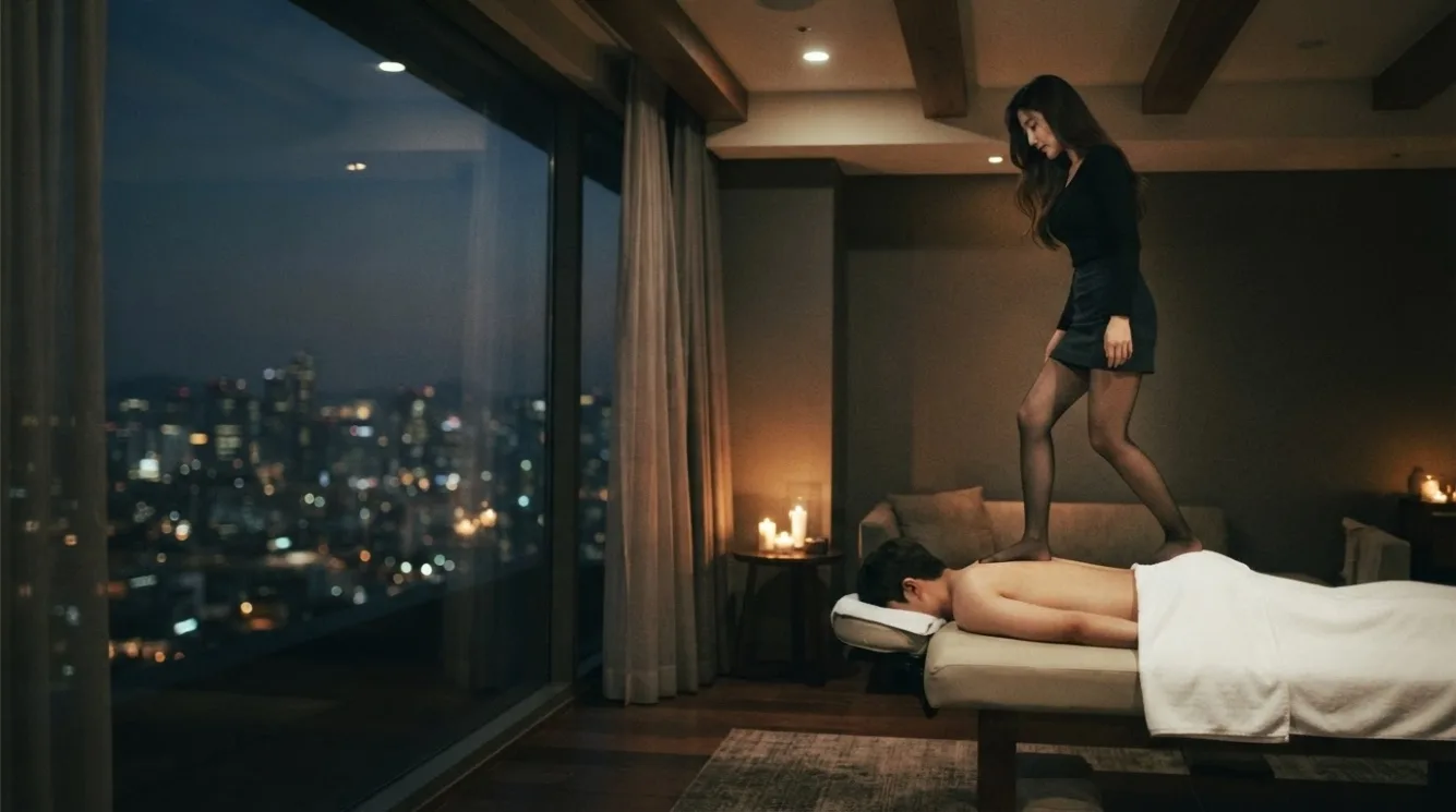 Therapist preparing for a visit beside a massage bed