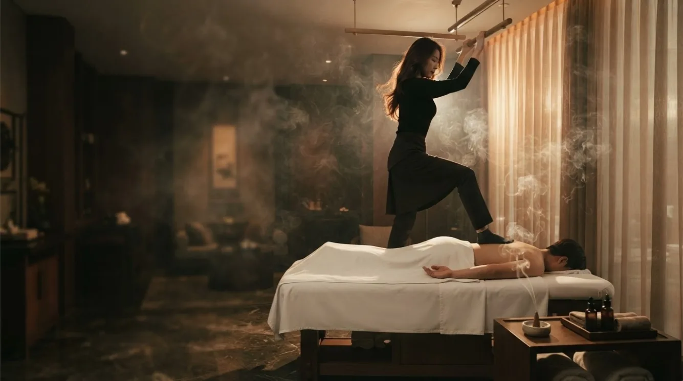 Therapist demonstrating a stretching position in a private room