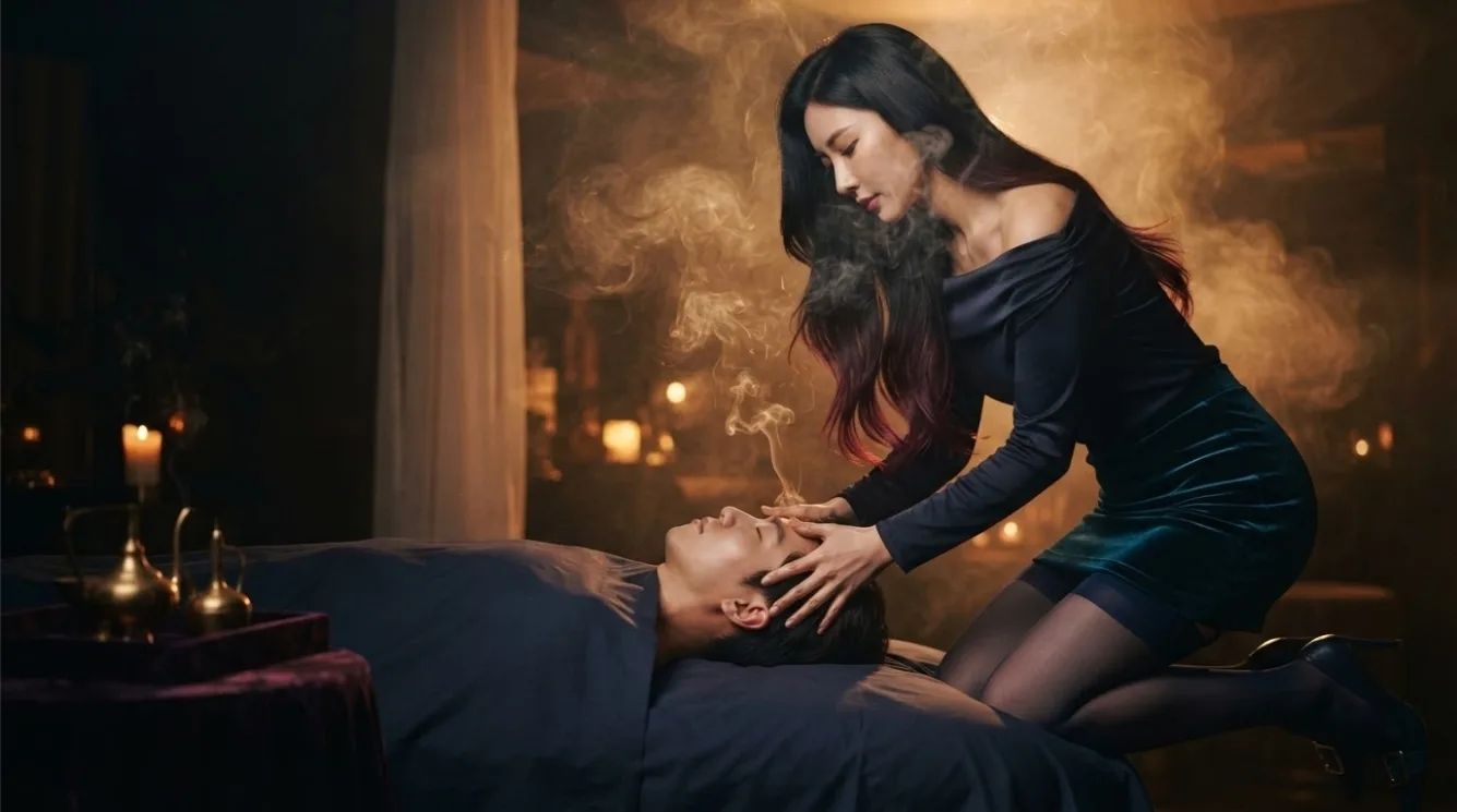 Therapist working on a guest’s back in a softly lit massage room