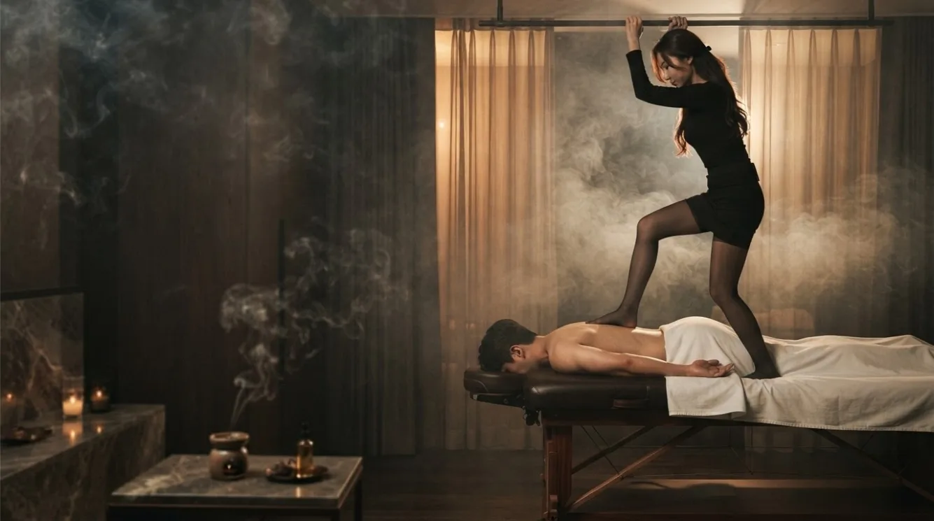 Therapist preparing for a visit beside a massage bed
