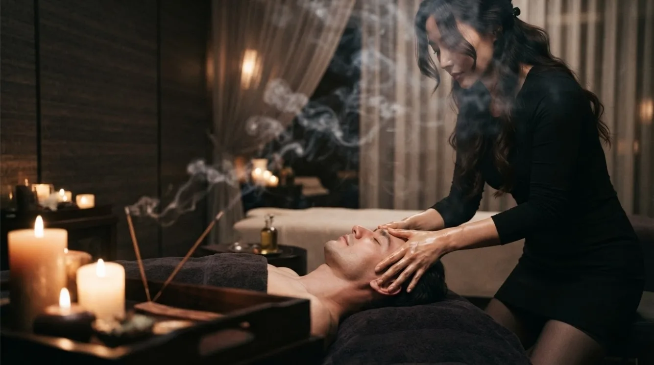 Close view of a therapist massaging a guest’s hand and arm