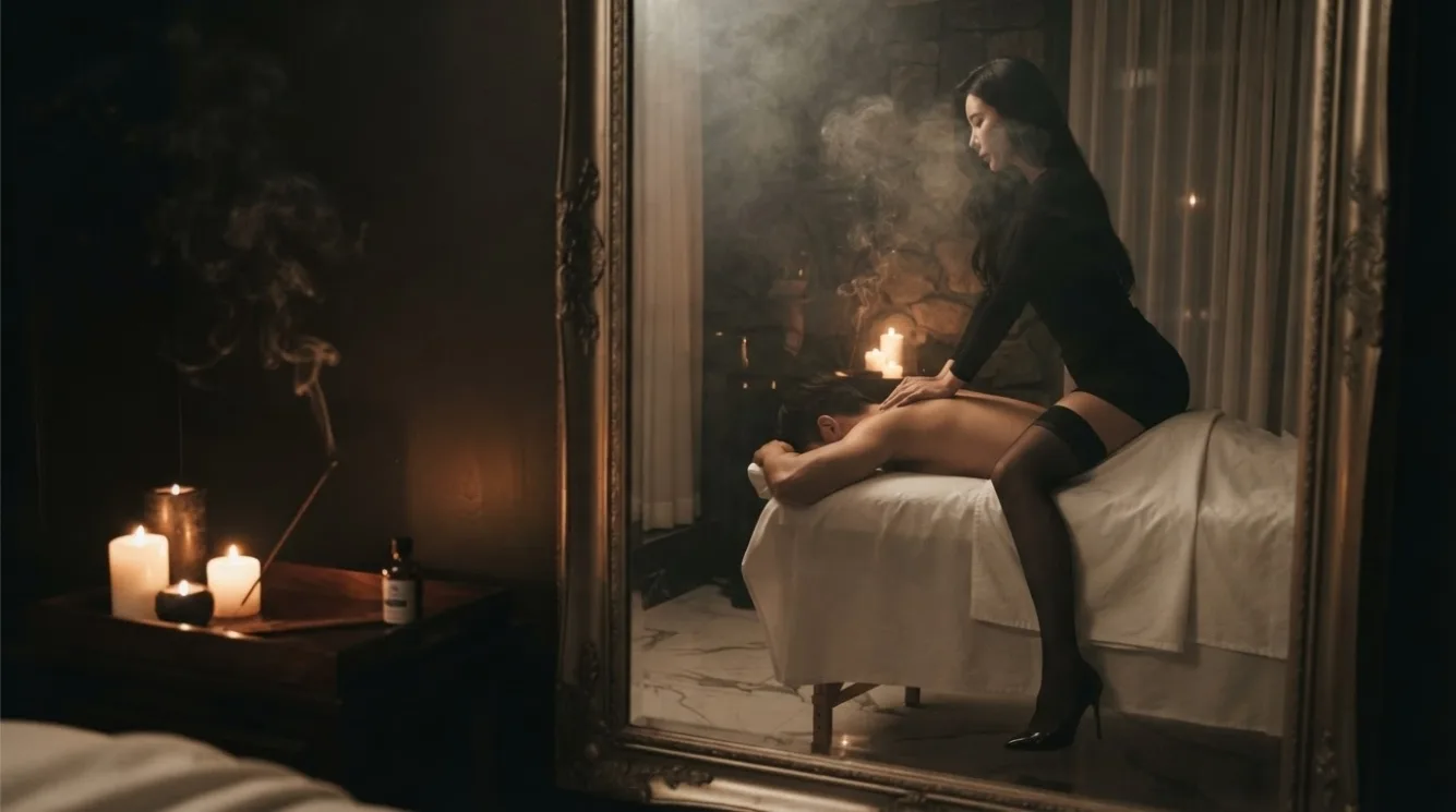 Therapist preparing for a visit beside a massage bed