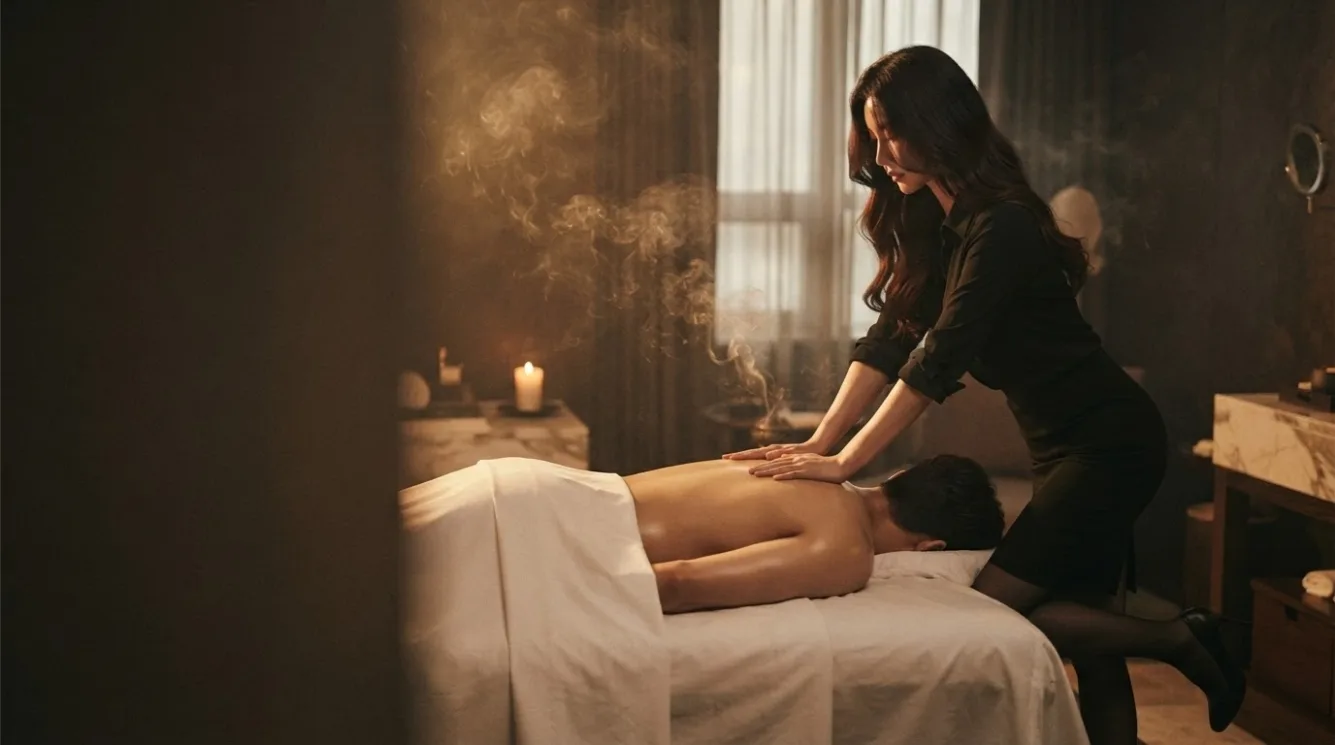Therapist beside a guest during a private room massage