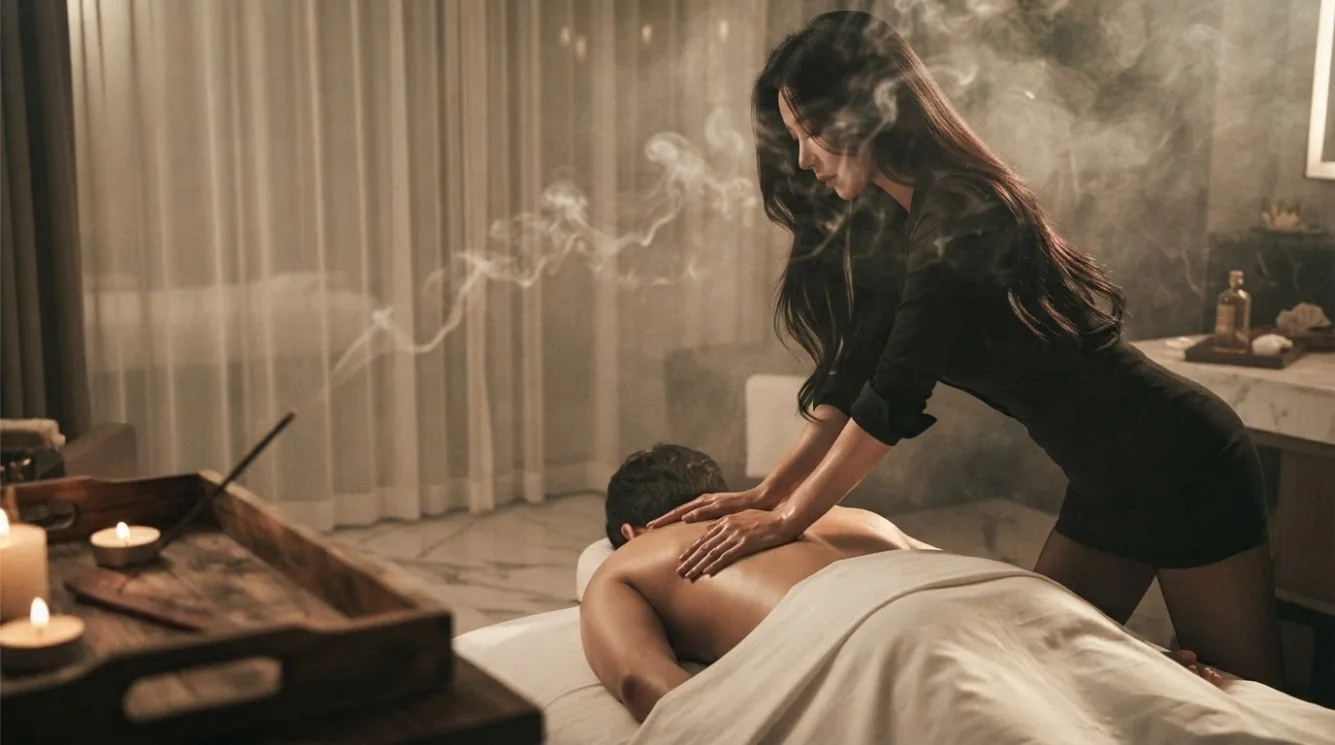Therapist beside a guest during a private room massage
