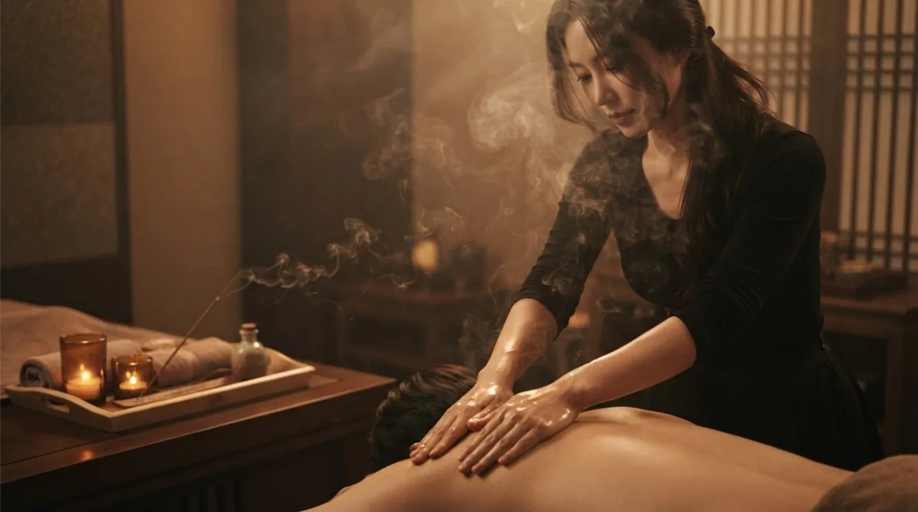 Therapist working on a guest’s back in a softly lit massage room