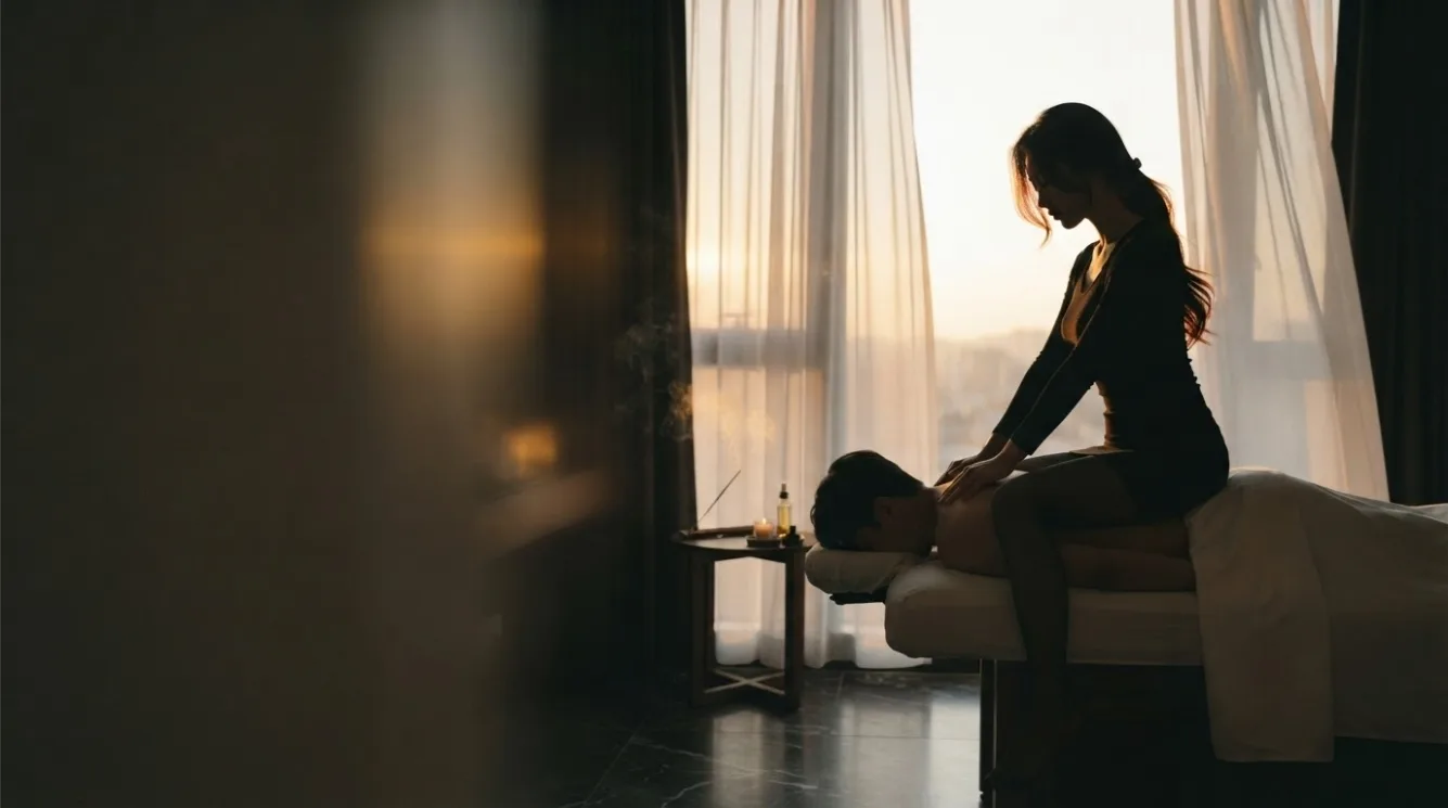 Therapist beside a guest during a private room massage