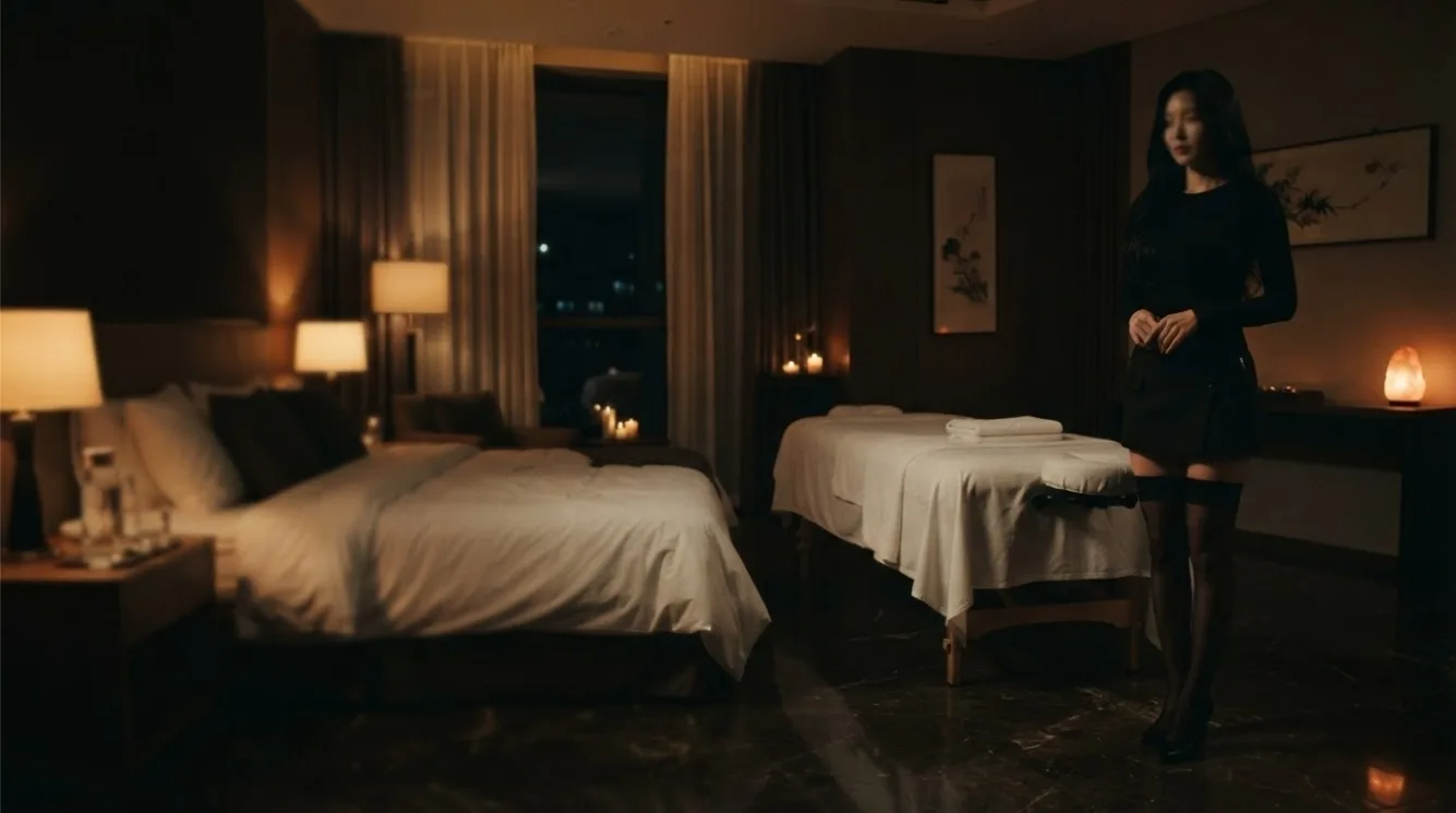 Therapist preparing for a visit beside a massage bed