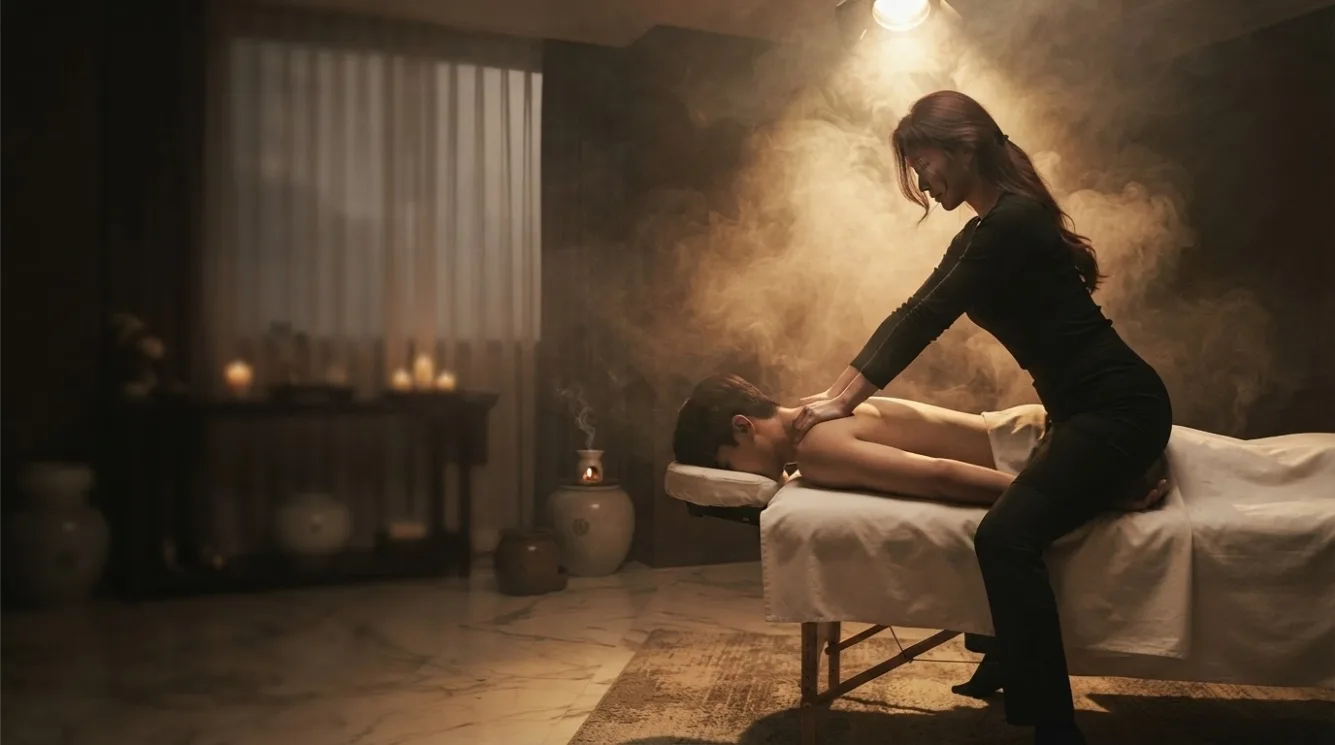 Therapist beside a guest during a private room massage