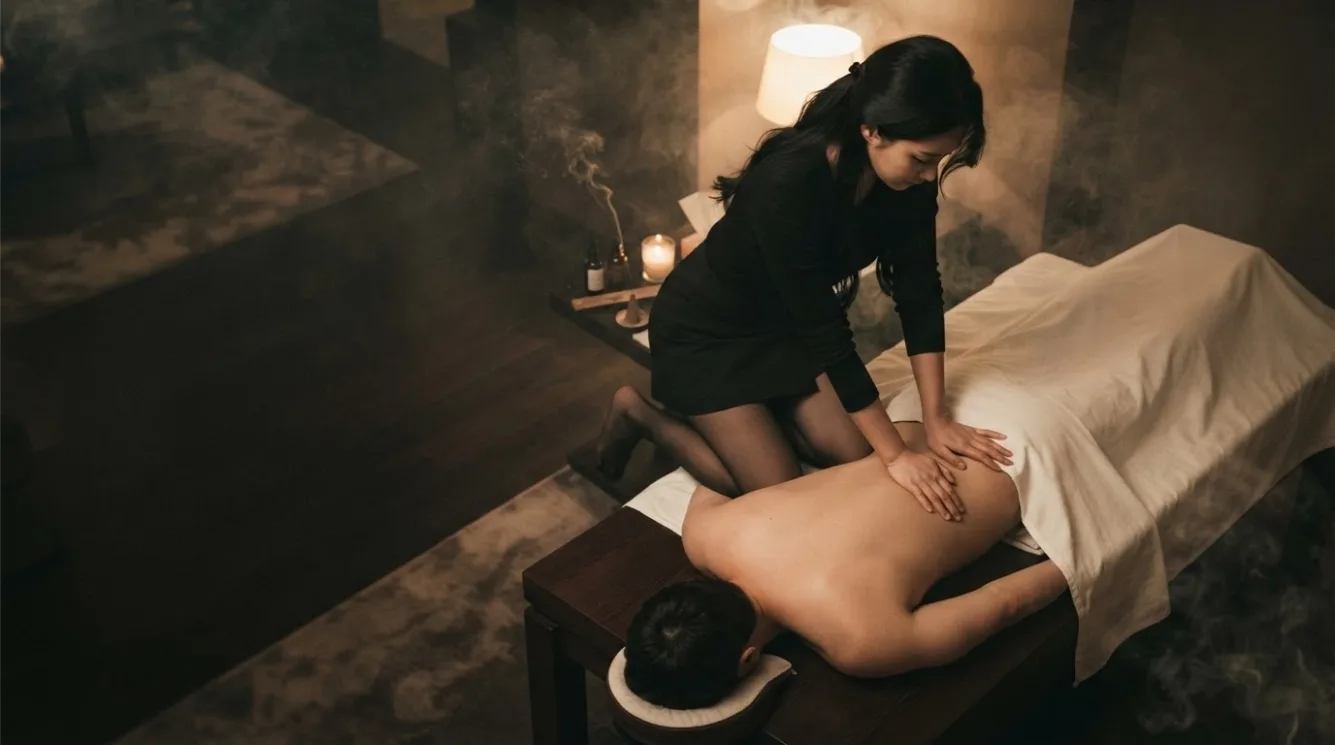 Therapist working on a guest’s back in a softly lit massage room