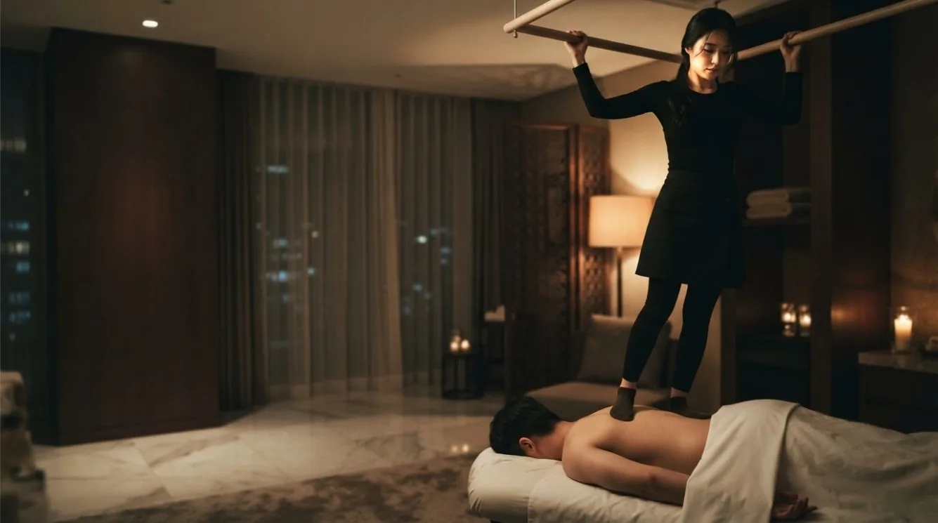 Therapist preparing for a visit beside a massage bed