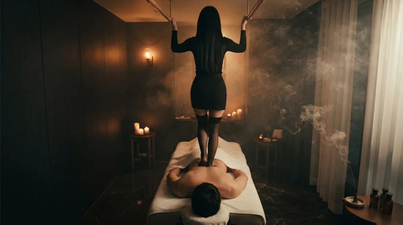 Therapist preparing for a visit beside a massage bed