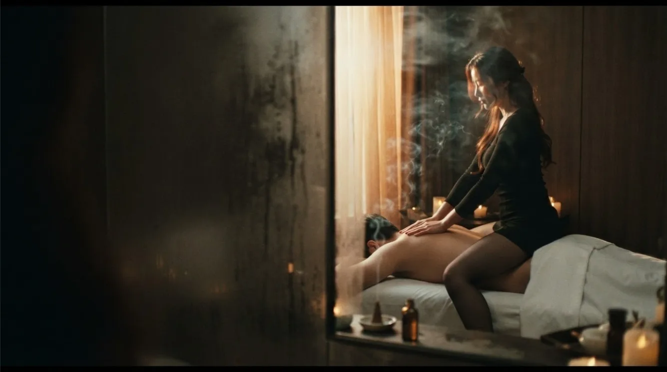 Therapist working on a guest’s back in a softly lit massage room