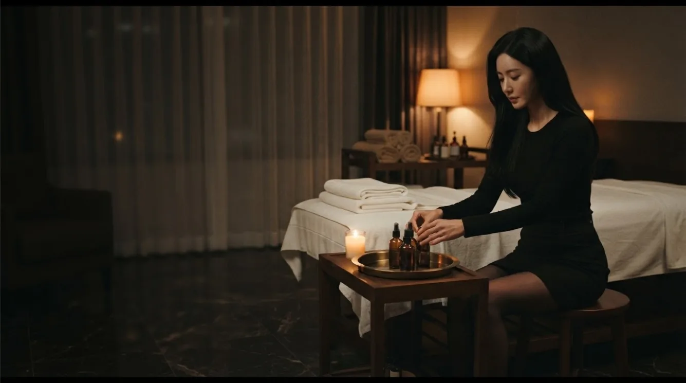 Therapist preparing massage oil beside a treatment bed