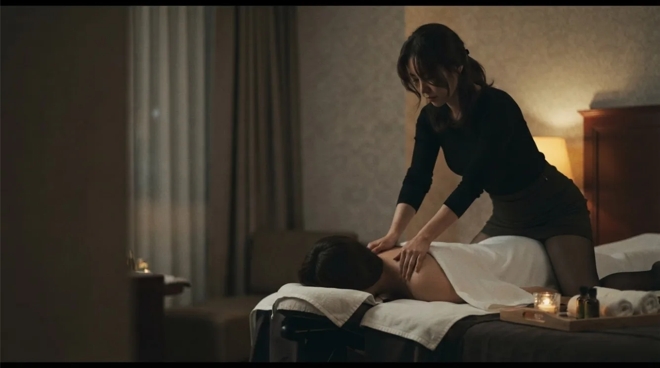 Therapist working on a guest’s back in a softly lit massage room