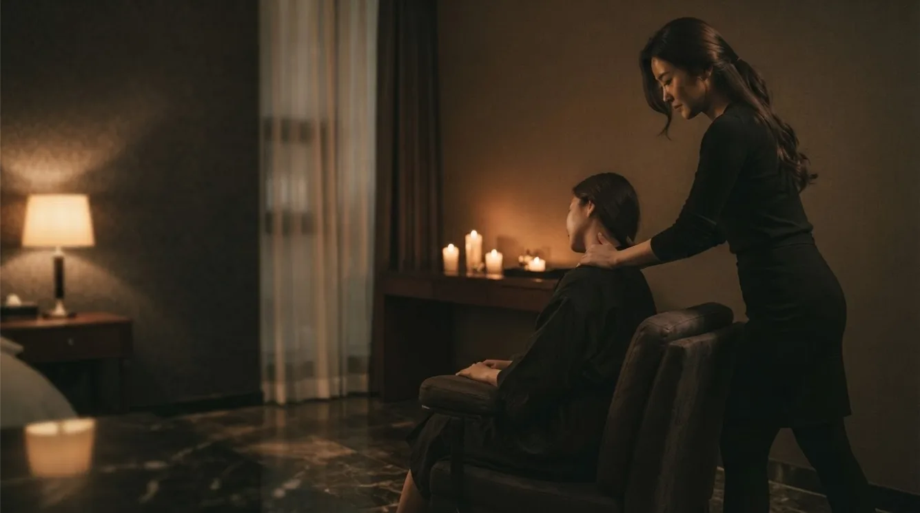 Therapist preparing massage oil beside a treatment bed