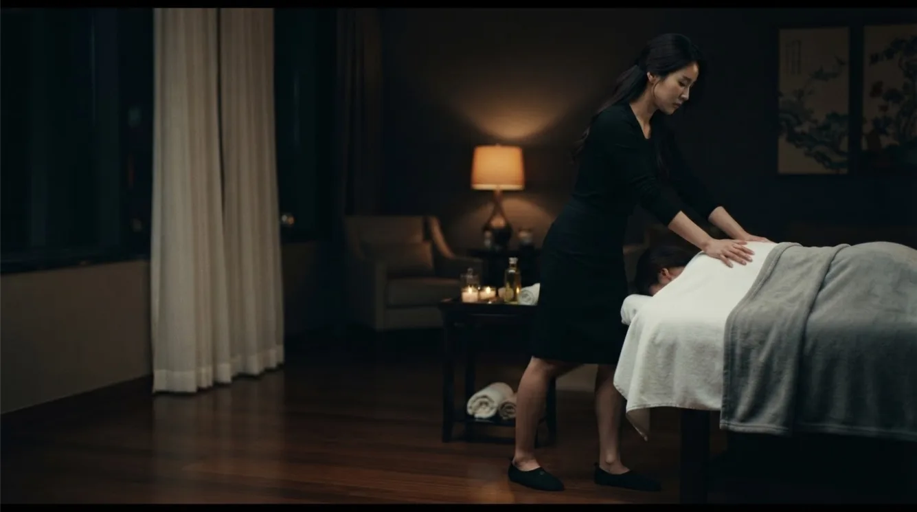 Therapist beside a guest during a private room massage