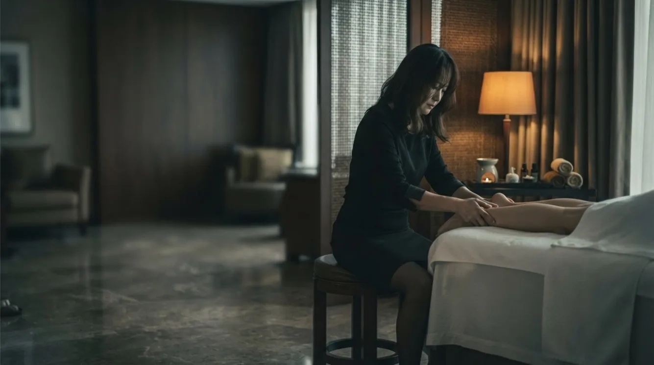 Therapist beside a guest during a private room massage