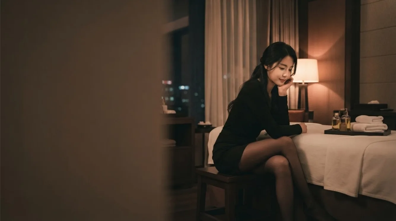 Therapist preparing massage oil beside a treatment bed