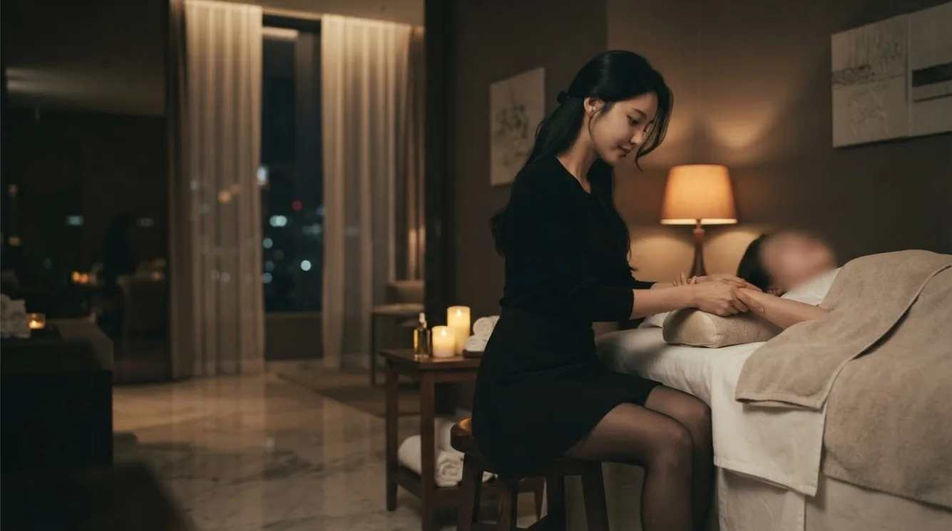 Therapist working on a guest’s back in a softly lit massage room