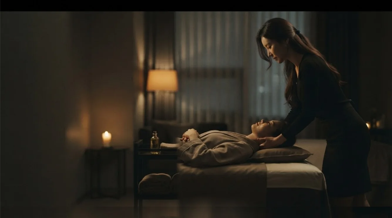 Therapist beside a guest during a private room massage
