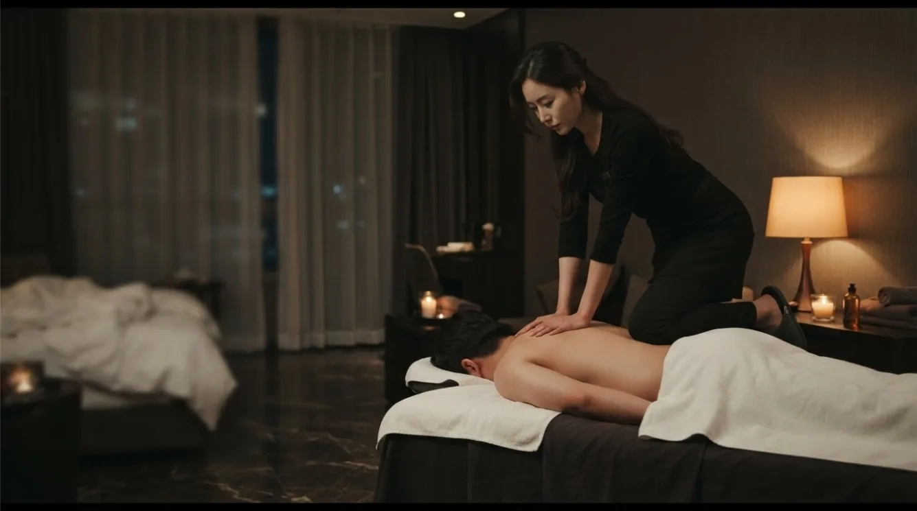 Therapist beside a guest during a private room massage