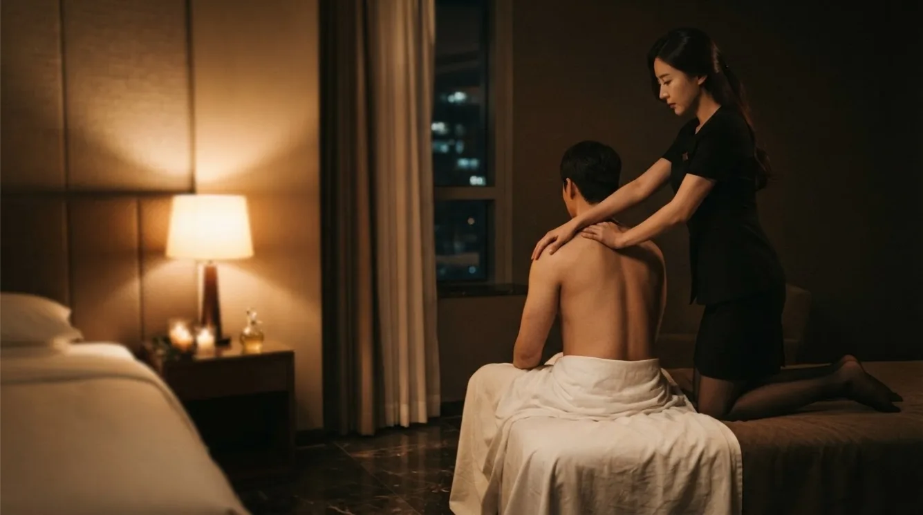 Therapist beside a guest during a private room massage