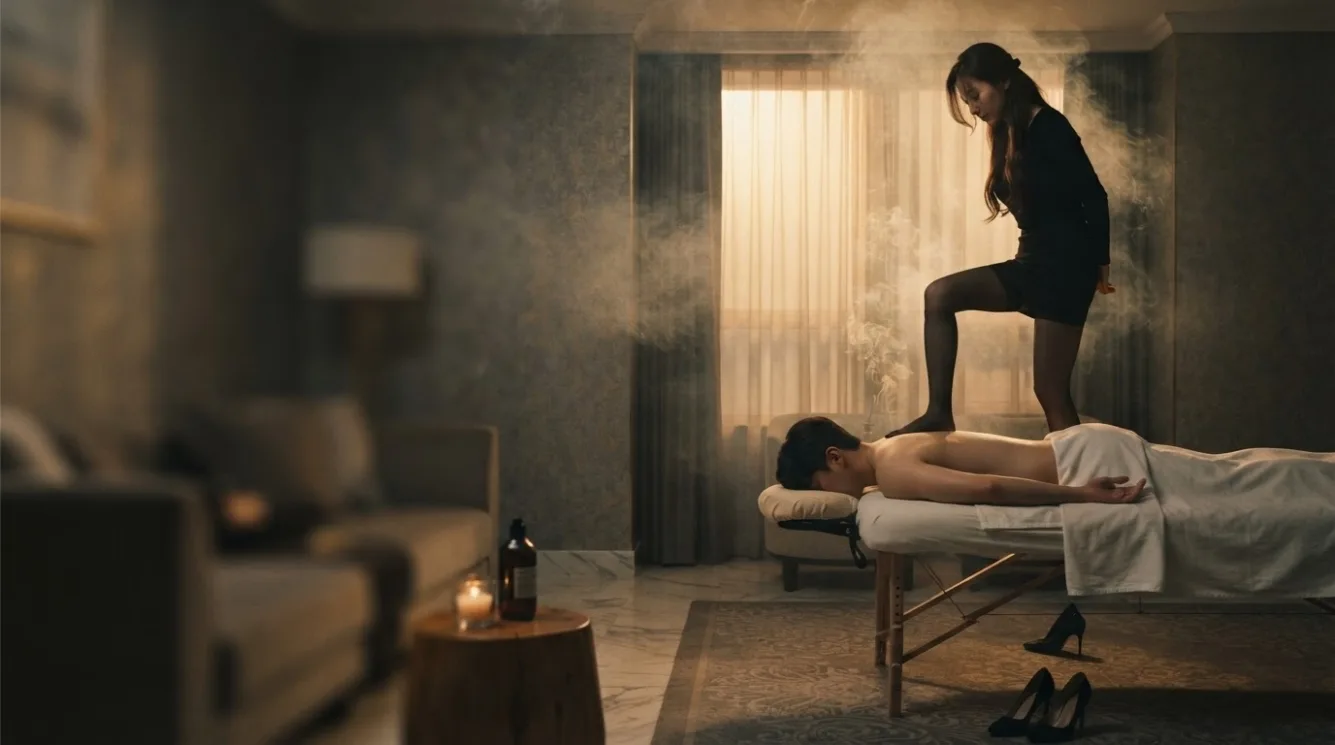 Therapist preparing for a visit beside a massage bed