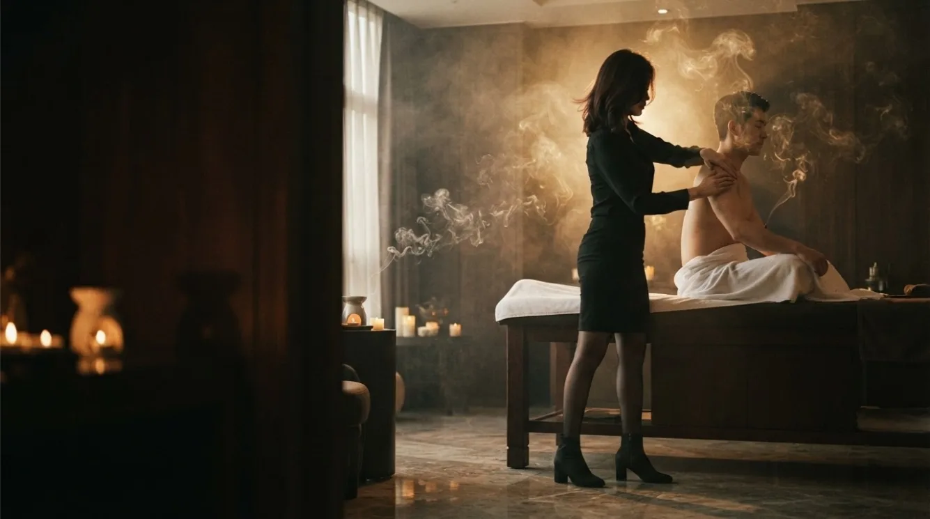 Therapist beside a guest during a private room massage