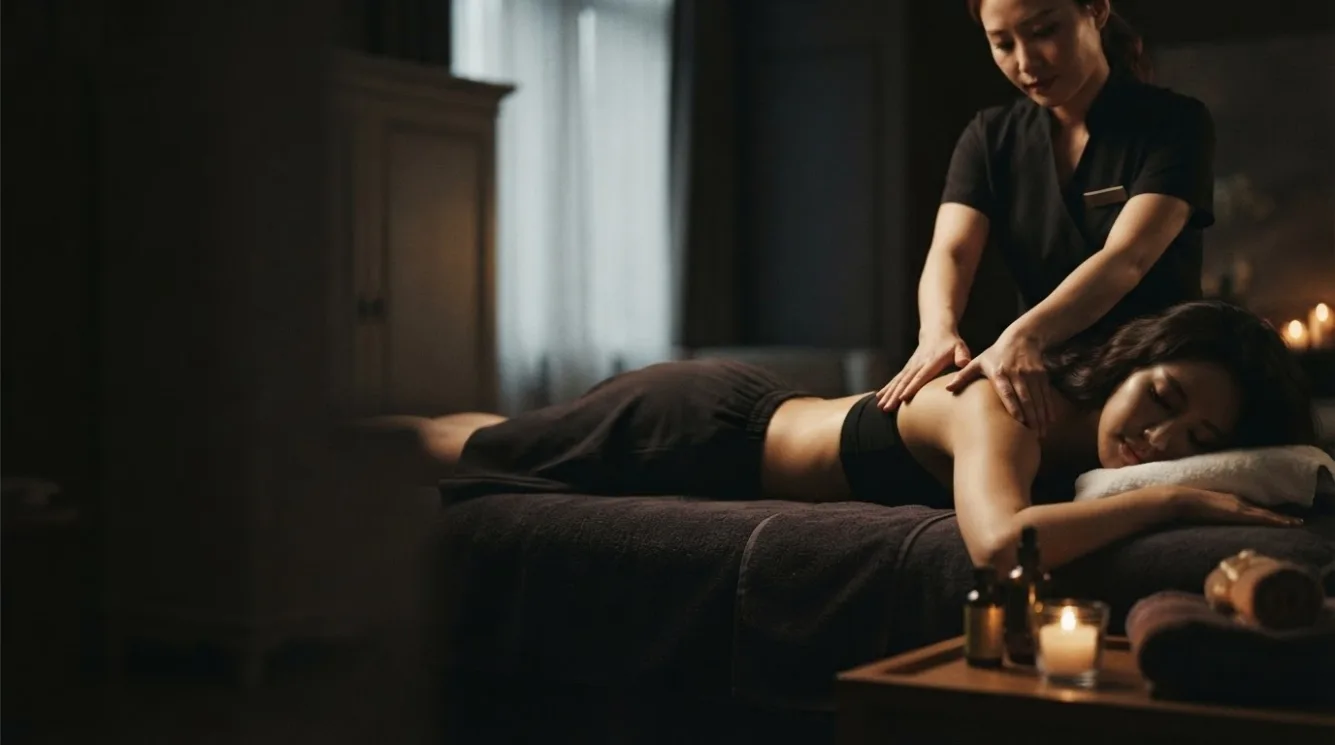 Therapist working on a guest’s back in a softly lit massage room