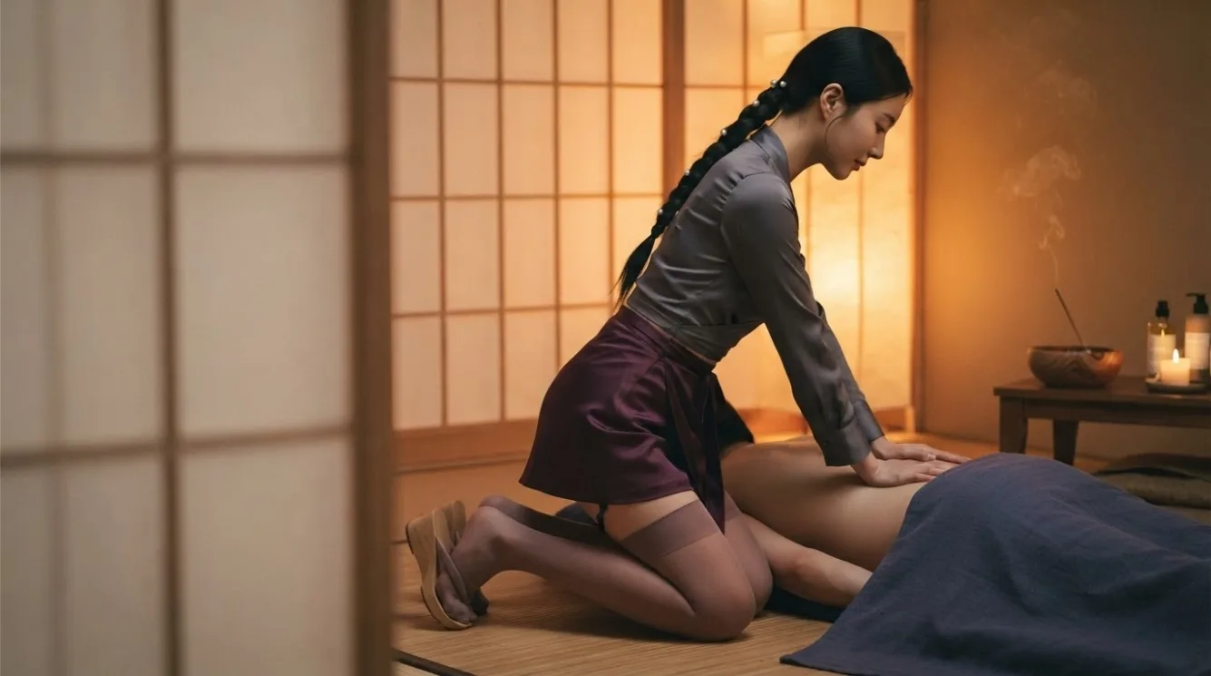 Therapist working on a guest’s back in a softly lit massage room