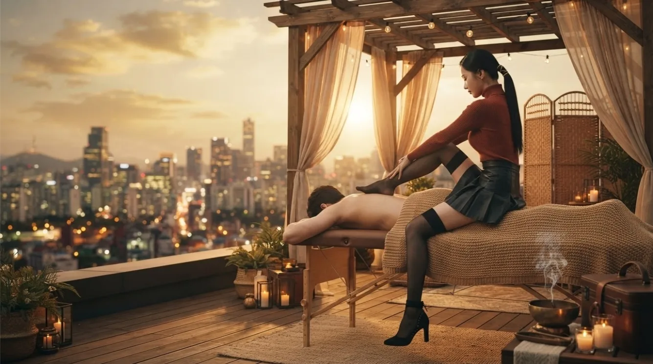 Massage scene beside a large window at sunset