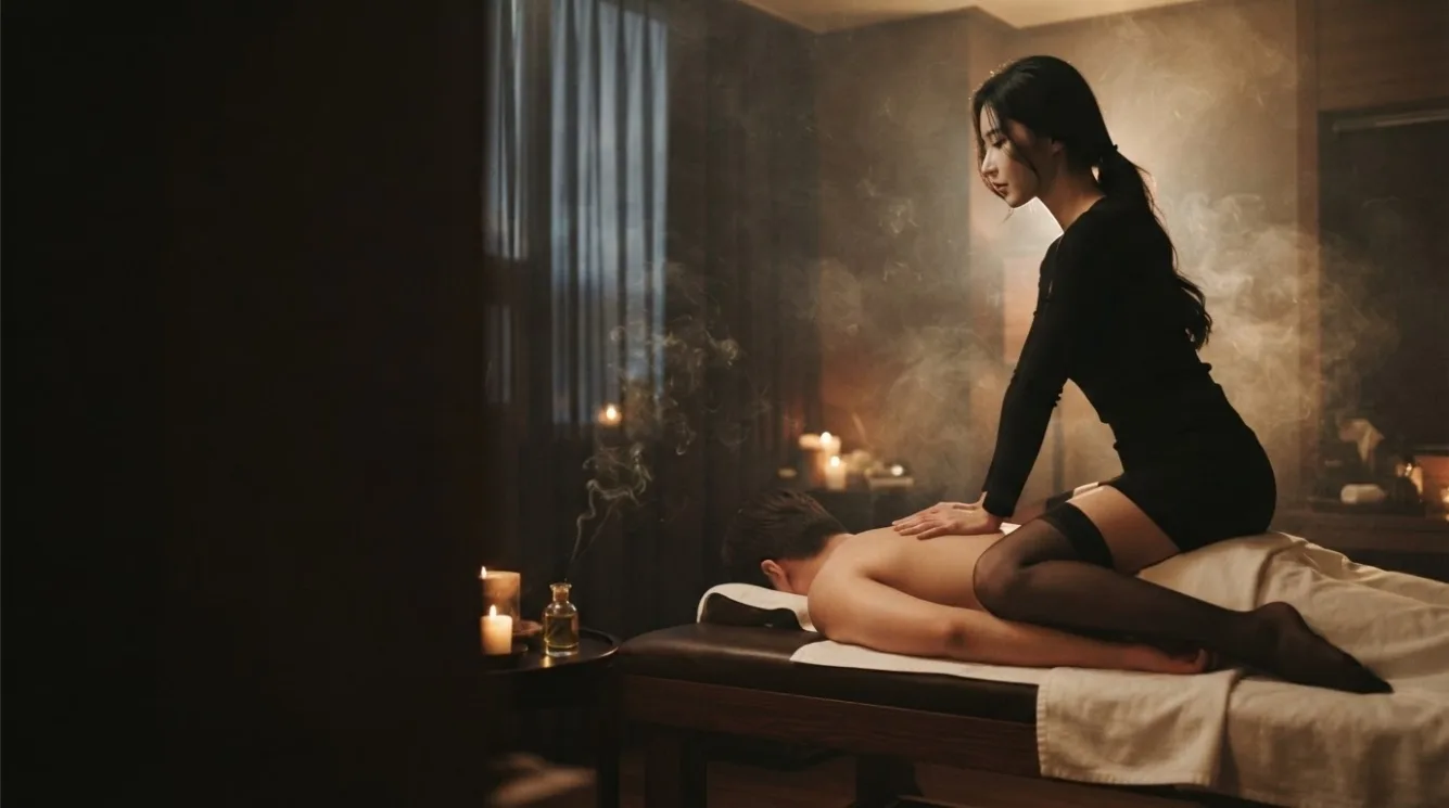 Therapist working on a guest’s back in a softly lit massage room